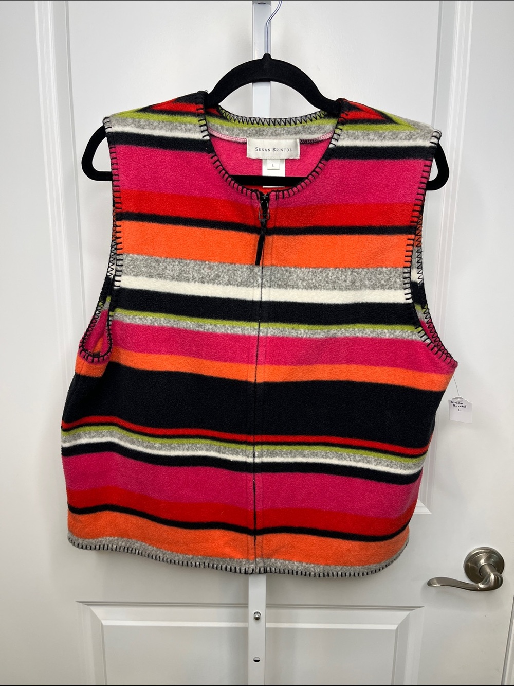 Susan Bristol Bright Striped Zip-Front Vest in Pink, Orange & Black Large